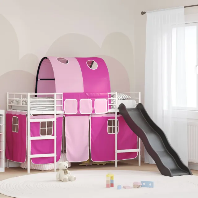 vidaXL Bunkbed voor kinderen met gordijnen Wit en Roze 100 x 190 cm