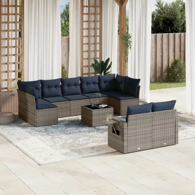 vidaXL 10-delige tuinbankset met kussens, grijs polyrotan, foto 2