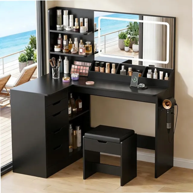 Sierra , Grote Kaptafel met Spiegel en Verlichting, hoek-kaptafel met ledverlichting, verstelbare helderheid en kruk, make-uptafel met 5 laden, stopcontact, haardrogerhouder,modern(Zwart)