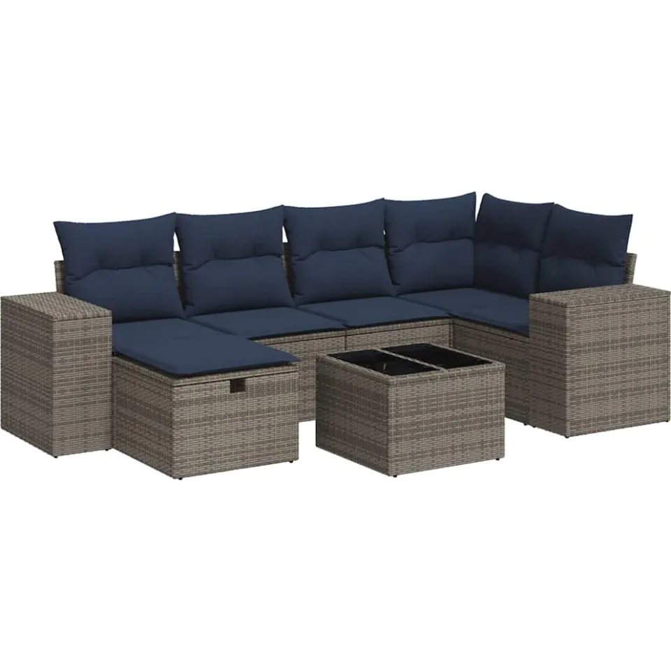 vidaXL 7-delige Loungeset met kussens poly rattan grijs, foto 3