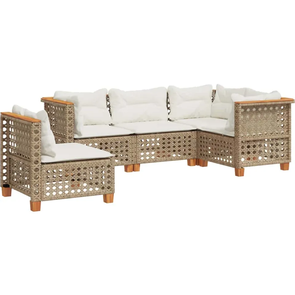 vidaXL 5-delige Loungeset met kussens poly rattan beige