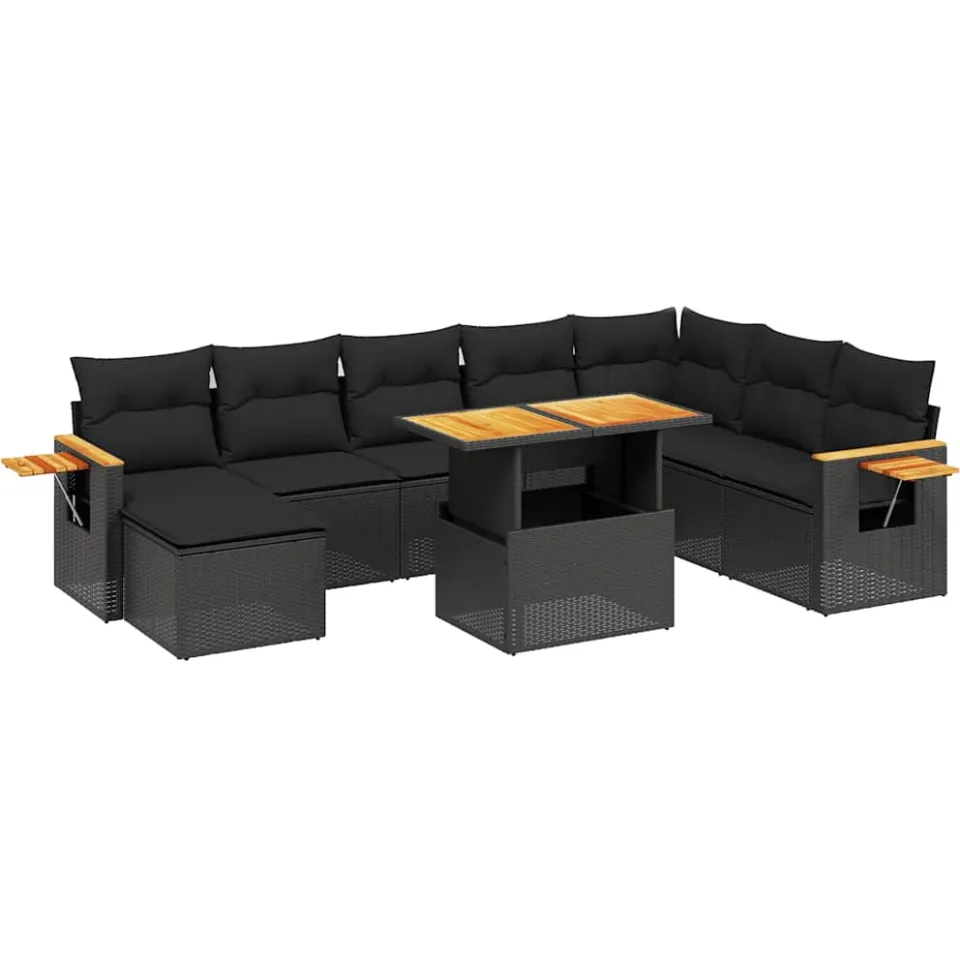 vidaXL 9-delige Loungeset met kussens poly rattan zwart, foto 4