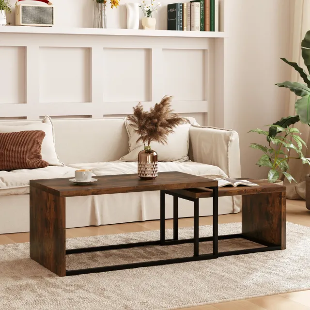 MODENUIT Salontafelset - Twee Nesttafels - voor Woonkamer - Mdf en Metaal - Bruin en Zwart - 90x48x42 cm Rustiek bruin