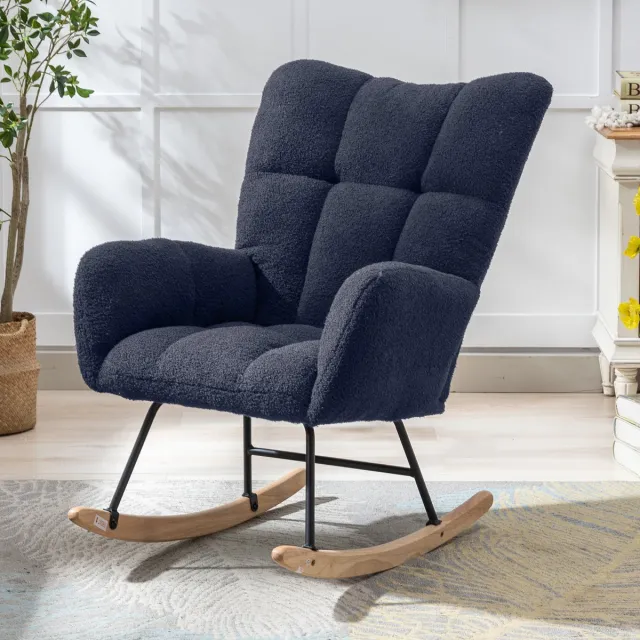 Vankel Teddy Schommelstoel - Relaxstoel - Ergonomisch Hoge Rugleuning - Comfortabele Armleuningen - Zachte Vulling - Eenpersoons Fauteuil voor Woonkamer Slaapkamer Babykamer - blauw