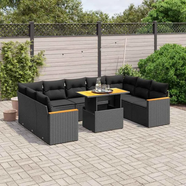 vidaXL 10-delige Loungeset met kussens poly rattan zwart, foto 2