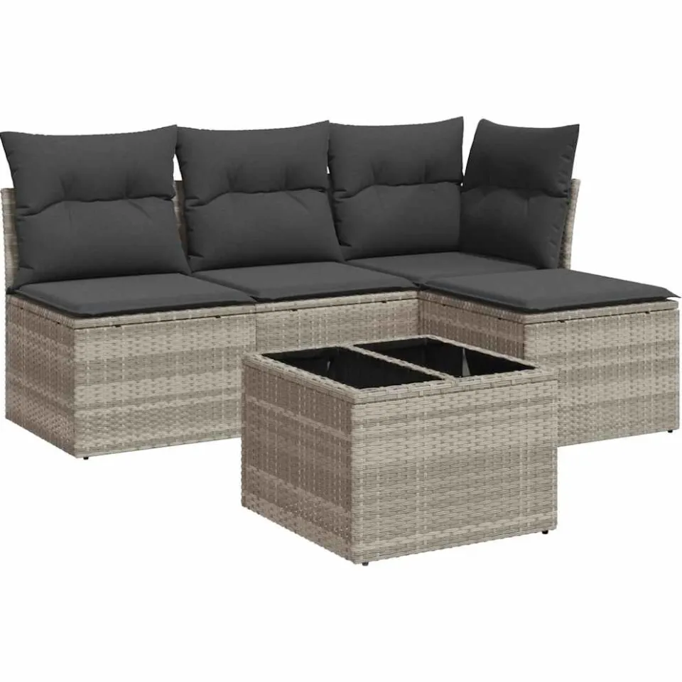 vidaXL 5-delige Loungeset met kussens poly rattan lichtgrijs grijs, foto 3