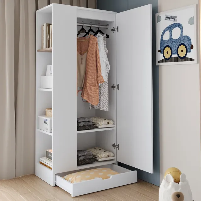 WUVRIE Kledingkast 70 x 40 x 170 cm - 1 deur, hanggedeelte, legplanken en lades - Wit/naturel
