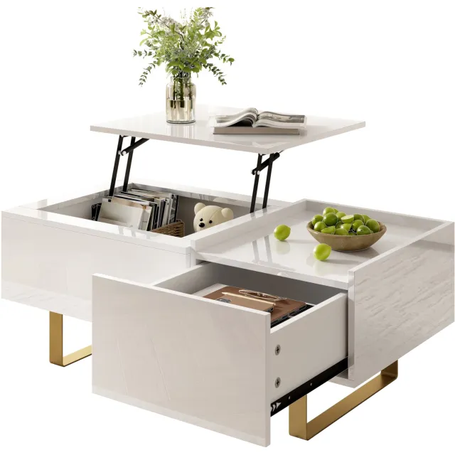 Clruro Salontafel - 100×50×54,5 cm - Hefblad en Lade - Hoogglans - MDF/Metaal - Wit/Goud