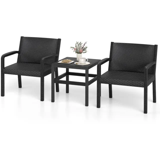 Costway 3-delige rotan tuinmeubelset, weerbestendig balkonmeubel van PP, balkonset incl. 2 stoelen met tafel, terrasmeubels, tuinset, zitgroep voor balkon, terras, tuin (zwart)