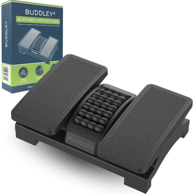 BUDDLEY Voetensteun Bureau - Verstelbaar en Kantel plateau - Voetenbankje Bureau Ergonomisch - Voetenbankjes Verstelbaar - Voetsteun Kantoor - Ergonomische Voetenbank Office - DIN 4556 - Met heerlijke massage functie Verstelbaar in hoogte & 2 kantelbare plateaus