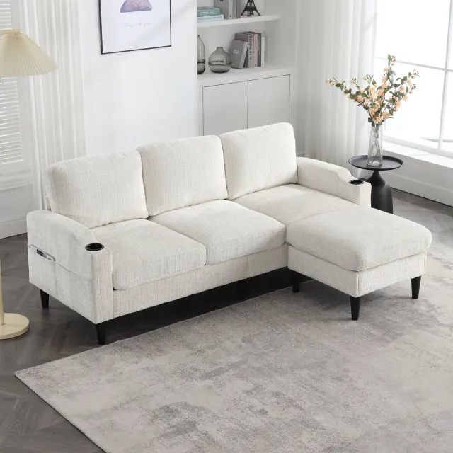 MEUNIQ Hoekbank 4-zits 196,5 x 75 x 77 cm met hocker, opbergruimte, bekerhouders en zijvakken, chenille-stof, beige