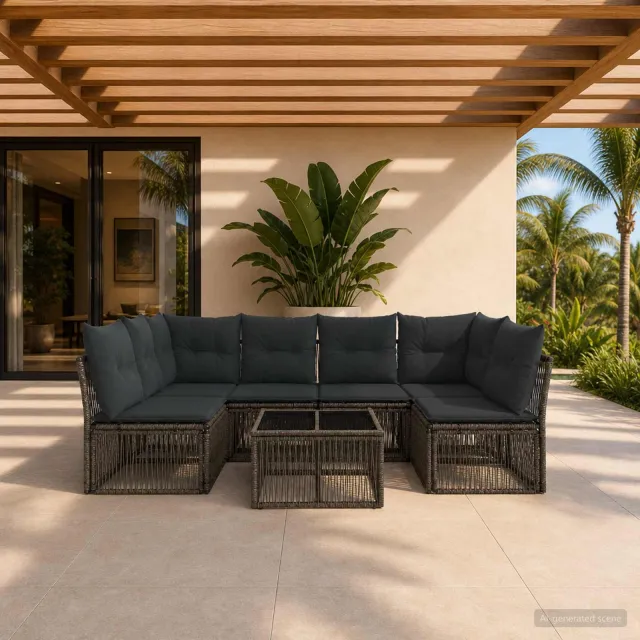 vidaXL Tuinbankenset 7 st 6-zits Grijs poly rattan, foto 2