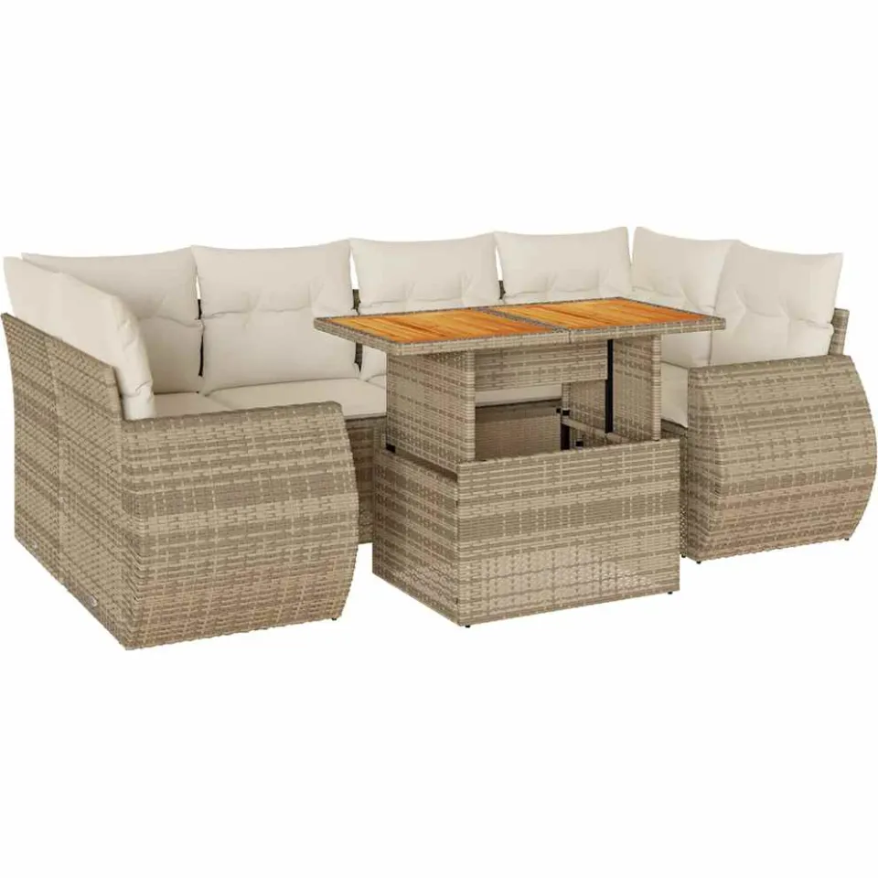 vidaXL 7-delige Loungeset met kussens poly rattan beige, foto 3
