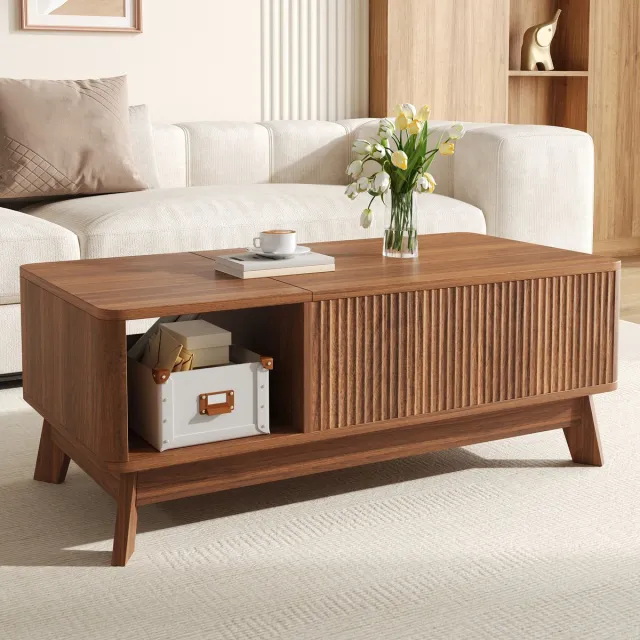 MODENUIT Salontafel - Hefbaar Blad Met Opbergruimte - Voor Woonkamer En Werken - MDF Walnootkleur - 95x48x50 Cm
