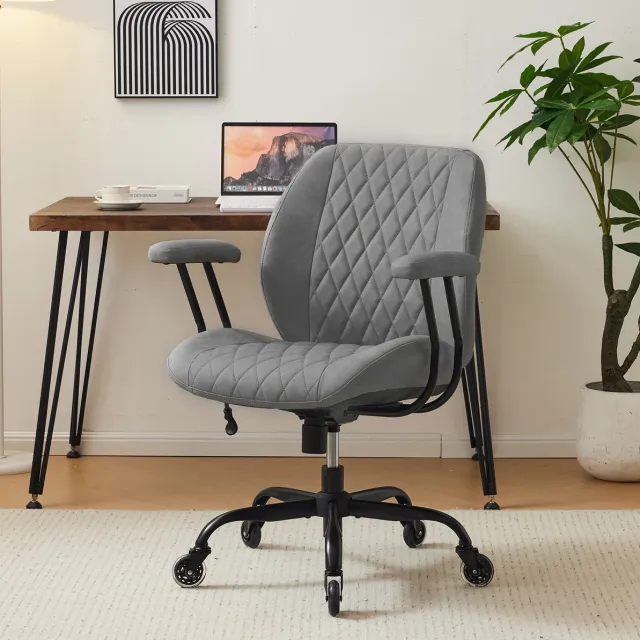 OKWISH Bureaustoel - Ergonomische Stoel Met Verstelbare Hoogte En Kantelbare Rugleuning - Voor Bureau, Gaming En Thuiswerk - Leer - Grijs