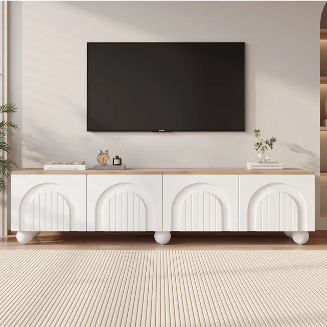 Rolipo TV-meubel 180 cm - 4 deuren - Push-to-open - 6 metalen poten - Voor tv tot 80 inch - Wit en houtlook Wit + eiken