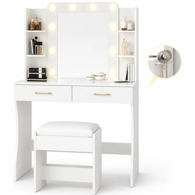 Innovastore Kaptafel - Kaptafel met spiegel - Makeup tafel - LED verlichting - Inclusief kruk - USB - Stopcontact - 85x40x136cm Wit