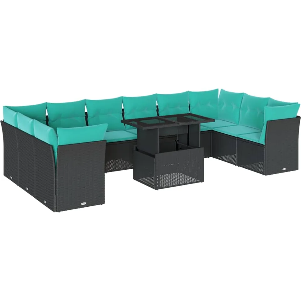 vidaXL 11-delige tuinbankset met kussens, zwart polyrotan