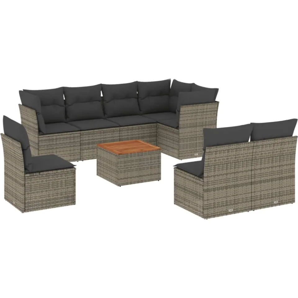 vidaXL 9-delige Loungeset met kussens poly rattan grijs, foto 3