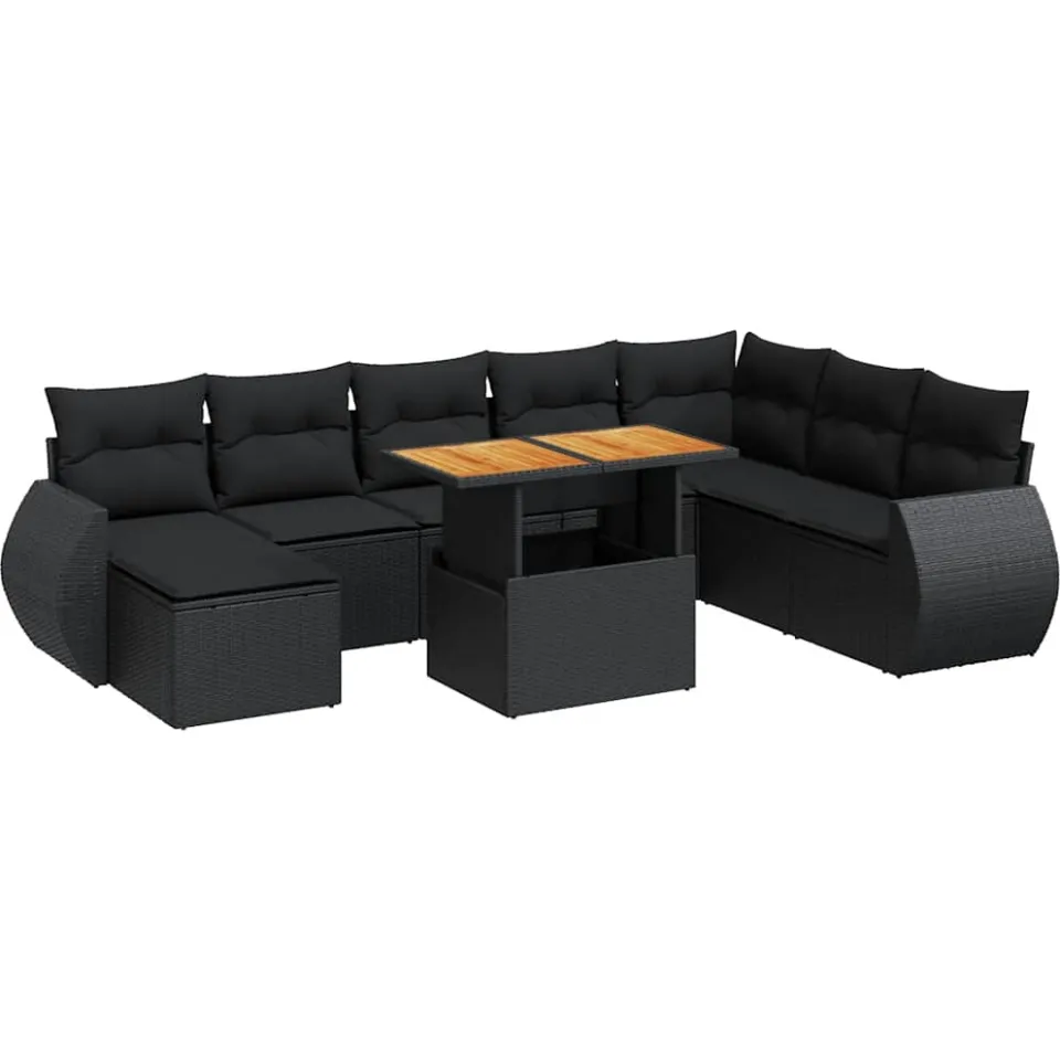 vidaXL 9-delige Loungeset met kussens poly rattan zwart, foto 3