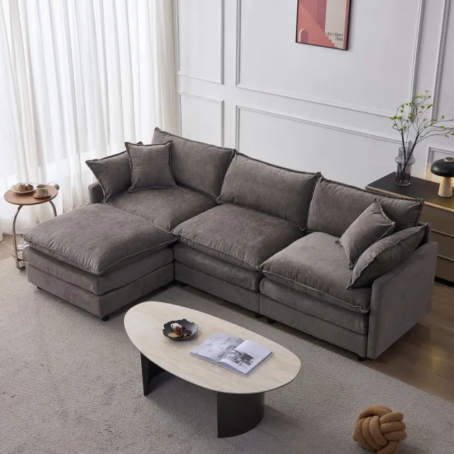 MODFU L-Vormige Hoekbank - Modulair Ontwerp - 3-Zits Met Hocker - Woonkamer - Chenille - Grijs