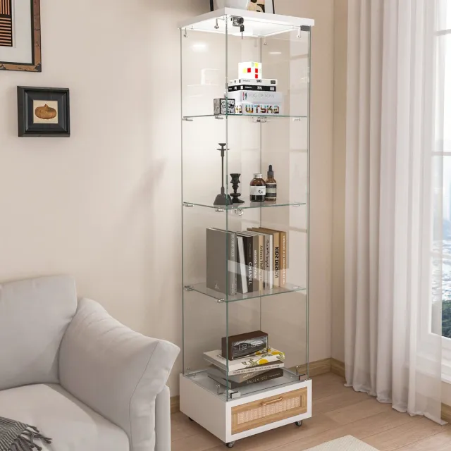 OKWISH Vitrinekast Met Lades En Led Verlichting Voor Woonkamer Slaapkamer Keuken Mdf Glas Wit 42,5 X 36,5 X 167 Cm
