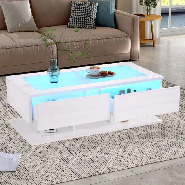 DESMIU Salontafel Met Hoogglansafwerking En Ledverlichting Voor Woonkamer En Filmavond Van Spaanplaat En Gehard Glas 100 X 50 X 35 Cm Wit