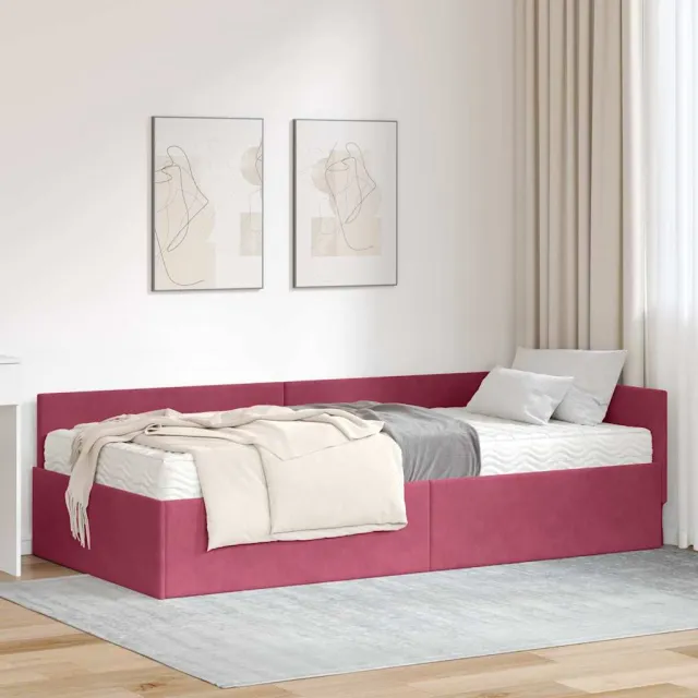 vidaXL Hoekbedframe met Matras 2 st Wijnrood 100 x 200 cm Fluweel