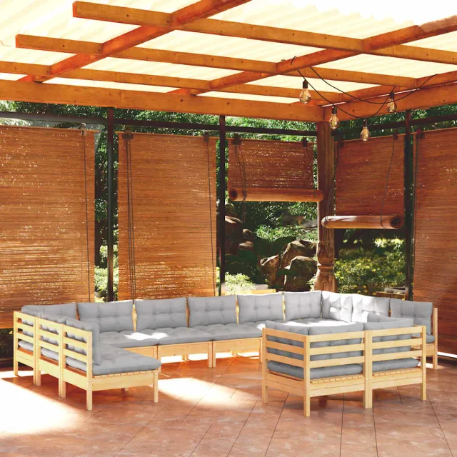 vidaXL 11-delige Loungeset met grijze kussens massief grenenhout grijs, foto 2