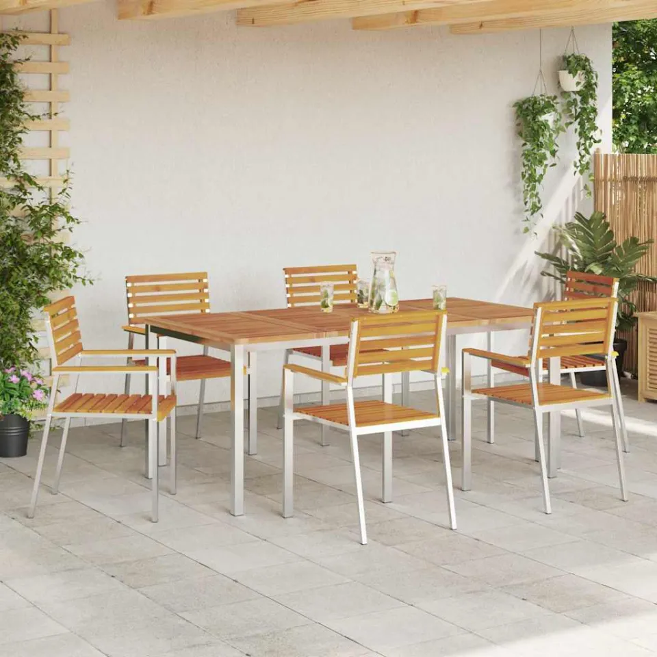 vidaXL Tuin eettafelset 7 st Massief acaciahout en roestvrij staal, foto 3