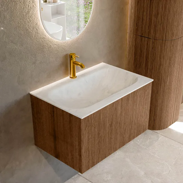 Mondiaz KURVE-DLUX 70 cm Onderkast Greeploos 1 Lade Zonder Deuren Walnut, Wastafel Solid Surface Volledig Opalo 1 Kraangat Zonder Spiegel (KRVBGS701L0D1KM-Wal/Opa)