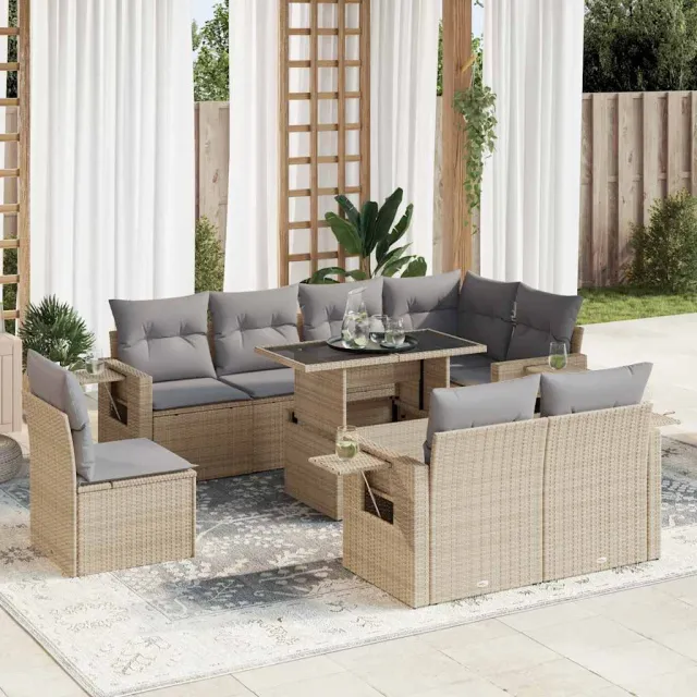 vidaXL 9-delige Loungeset met kussens poly rattan beige, foto 2