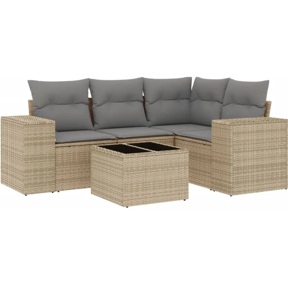 vidaXL 5-delige Loungeset met kussens poly rattan beige, foto 4