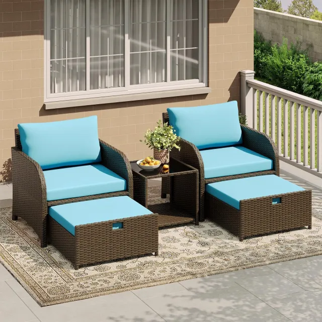 Danky Tuinbank met Tafel - 2-Zits Ligbed met Kussen - 5-delige Poly Rattan Tuinset - Incl. 2 Stoelen met Kussens, 2 Voetenbankjes en Tafel - Weerbestendige Loungeset voor Tuin, Terras en Balkon - Blauw Bruin/Helderblauw