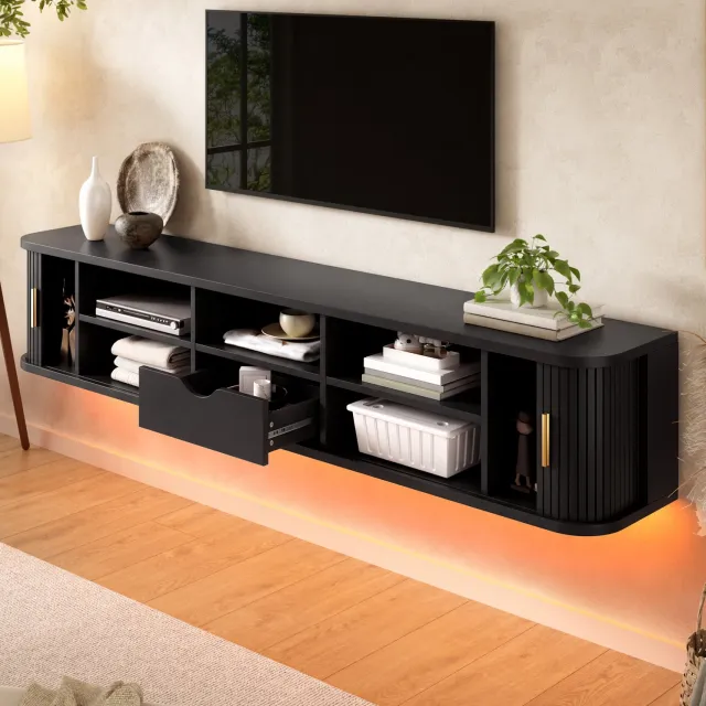 MODENUIT Tv-meubel - Wandhangend Met Schuifdeuren En Ledlicht - Woonkamer - Mdf - Zwart - 175x30x30 Cm
