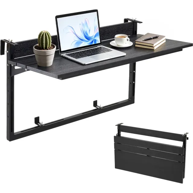 Vevor Hangende Balkontafel 795x380 mm Opklapbare Tafel 27 Kg Hangende Balkontafel, voor Terras, Tuin, Balkon, Geschikt voor Balustrades met een Diameter van 0–90 mm, in Hoogte Verstelbaar, Hout-Kunststof Composietmateriaal Zwart