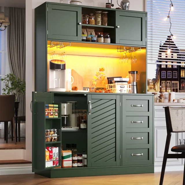 FloraGrace Buffetkast - Met Ledverlichting En Grote Opbergruimte - Voor Keuken En Woonkamer - MDF - 120x40x188 Cm - Groen