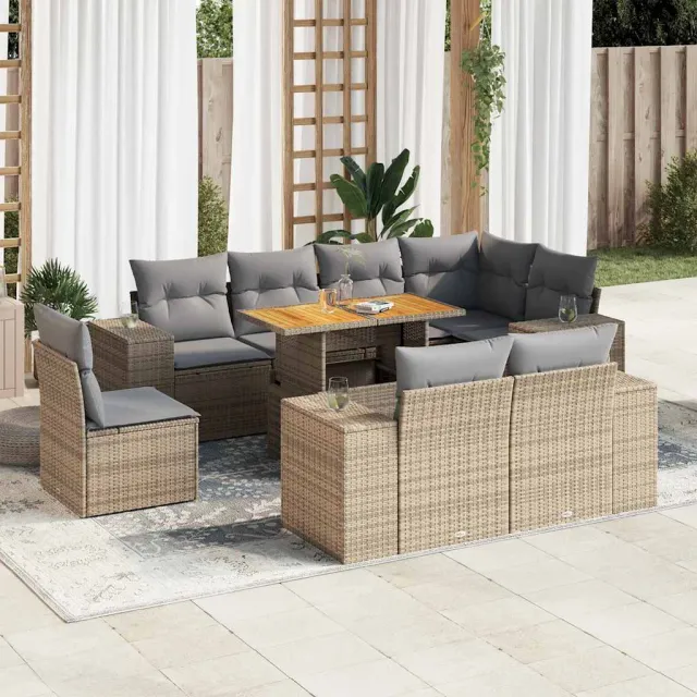 vidaXL 9-delige Loungeset met kussens poly rattan beige, foto 2