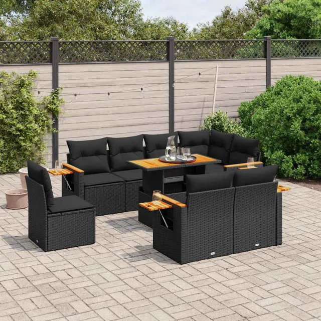 vidaXL 9-delige Loungeset met kussens poly rattan zwart, foto 2