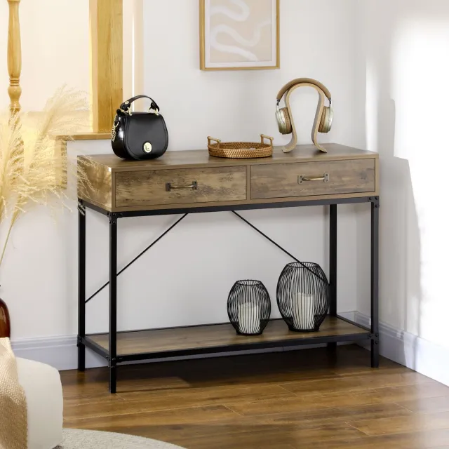 HAUSS SPOLE Sidetable - Industrieel Design Met 2 Lades En Onderplank - Voor Hal En Woonkamer - Metaal En Spaanplaat - 100x35x76,5 Cm - Bruin Zwart Bruin, Zwart