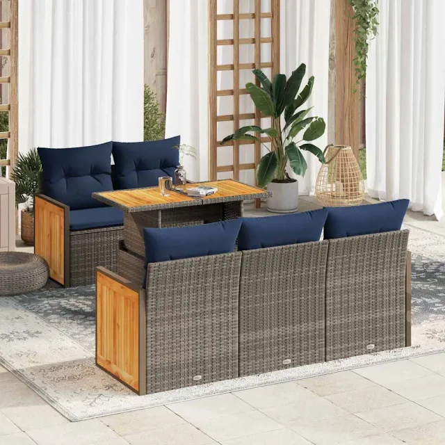 vidaXL 6-delige Loungeset met kussens poly rattan acacia grijs, foto 2