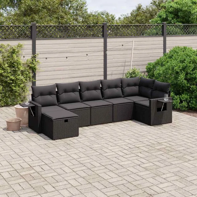 vidaXL 7-delige Loungeset met kussens poly rattan zwart, foto 2
