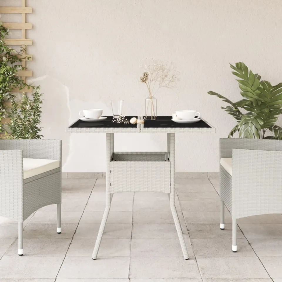 vidaXL Tuintafel met glazen blad 80x80x75 cm poly rattan wit, foto 3