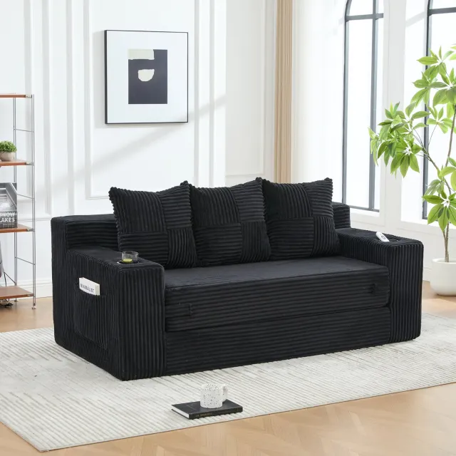 CHICFURN 3-zits slaapbank - Modulair - Met bekerhouders - Zwart