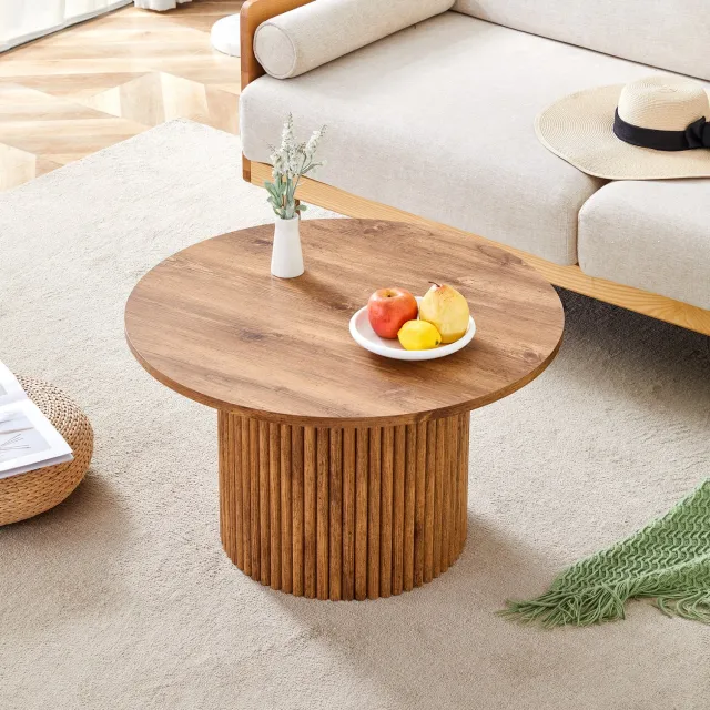 MIVRAY Salontafel - Rond Blad Met Geribbelde Cilindervoet - Voor Woonkamer En Appartement - MDF En Metaal - Houtkleur - 70x70x42 Cm Bruin (houtlook)