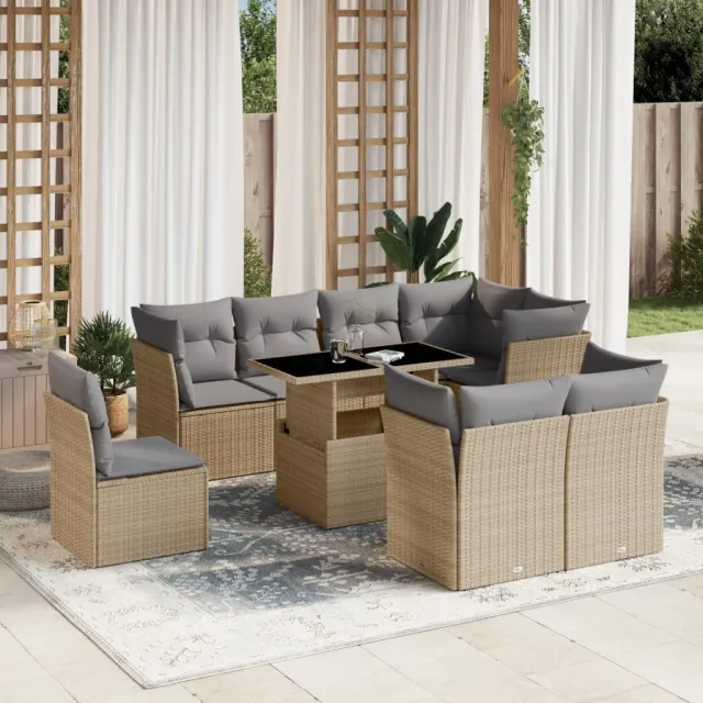 vidaXL 9-delige Loungeset met kussens poly rattan beige, foto 2