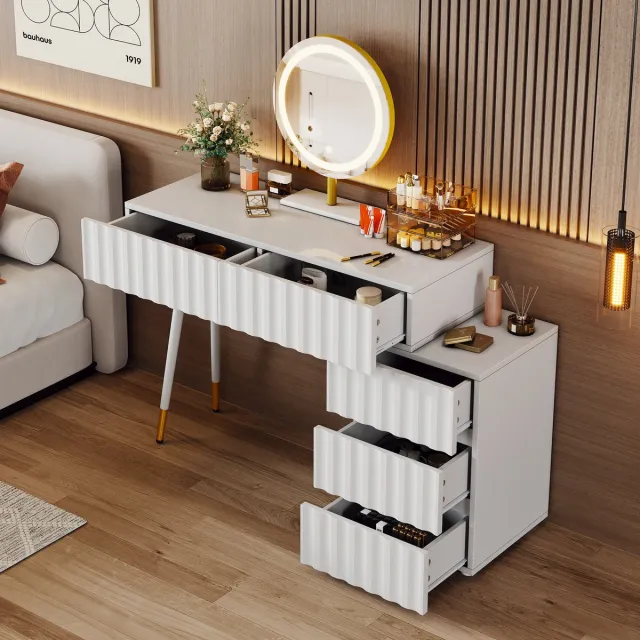 STILVORA Kaptafel - Luxe Make-up Hoekje Met LED Spiegel - 5 Lades Voor Slaapkamer - 100x40x127 cm - Spaanplaat - Wit