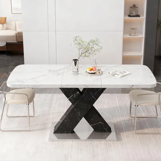 WUVRIE Uitschuifbare eettafel 120-160x80 cm - Marmerlookblad en X-poot - Wit/zwart