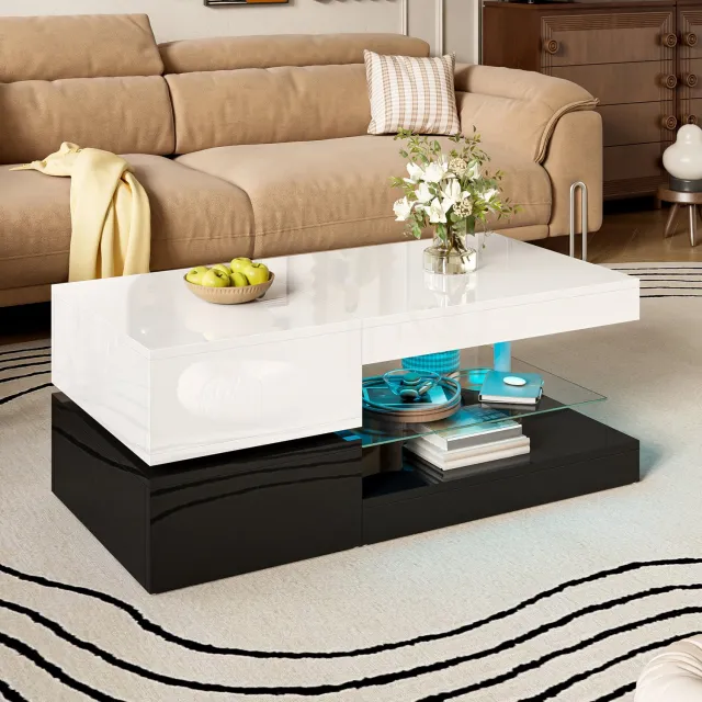Maisentiel Salontafel 90 x 45 x 35,5 cm met LED, app-bediening en glazen plank, zwart-wit