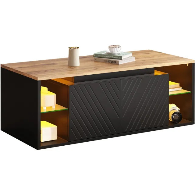 Welltin Salontafel - LED-verlichting - 100 x 50 x 41 cm - Opbergruimte met deuren - Woonkamertafel voor dagelijks gebruik - Zwart met houtlook